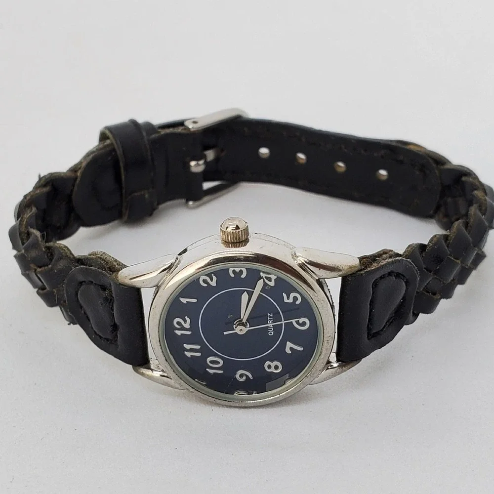 Women's Watch 24MM‎ Black Dial Black Braided Leather Band Straps New Battery